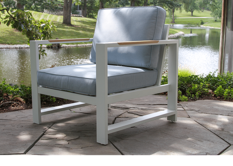White Aluminum Outdoor Armchair with Blue Cushions