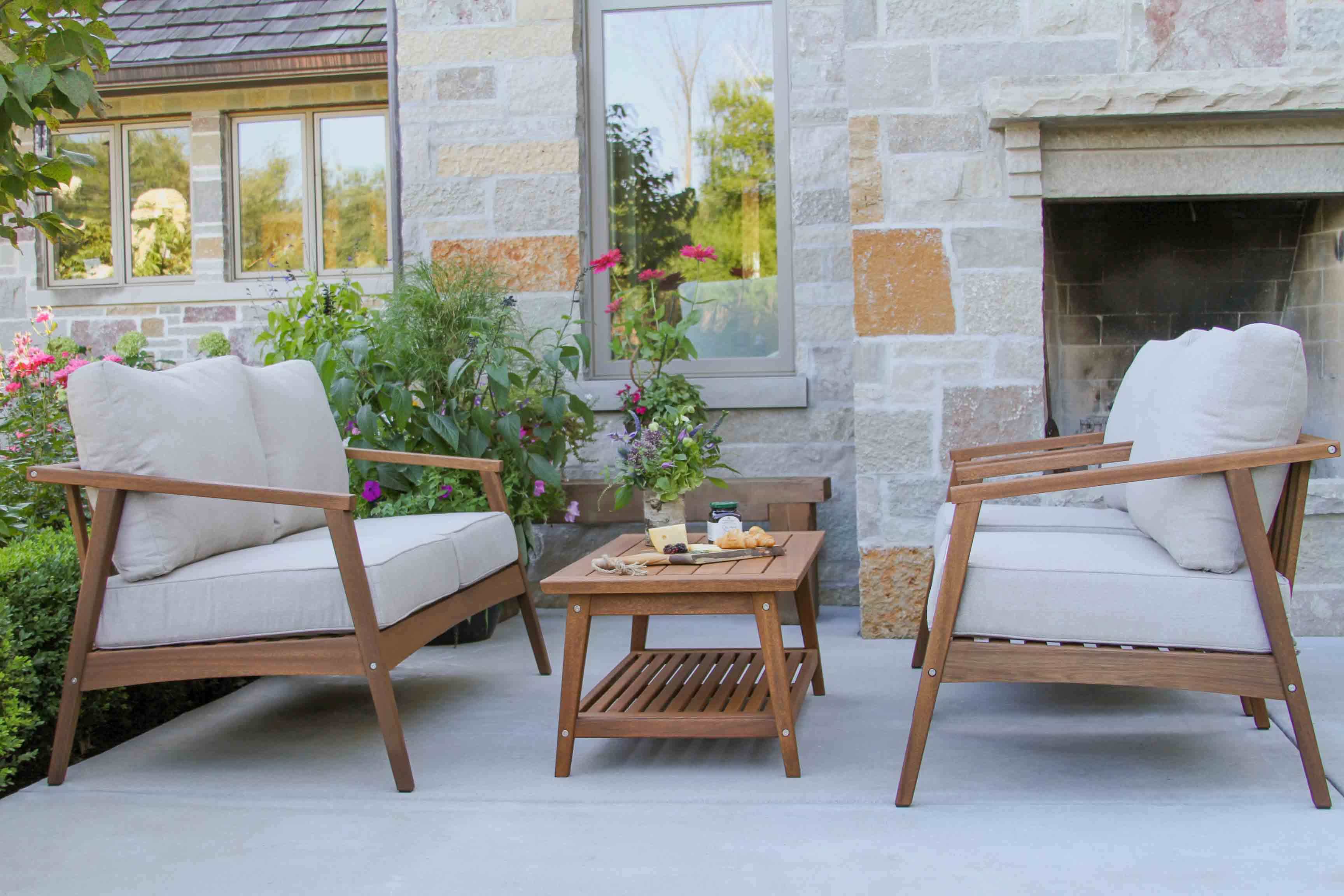 4pc. Modern Eucalyptus Wood Conversation Set with Cushion & Pillow