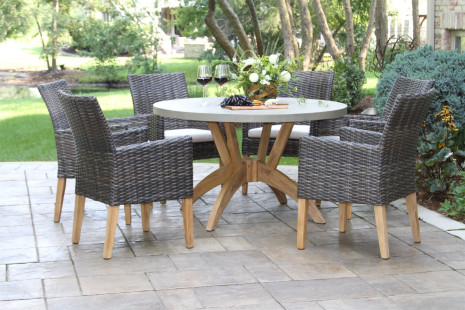 TNA2299 Teak and Slate and Brown Wicker Dining Chair with TNA7908 Teak and Composite Top Dining Table 1