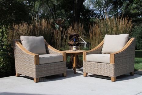 TNA7500 Vineyard Teak Wicker Arm Chair pair with Sunbrella with TNA7625 Accent Table