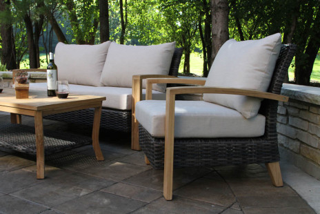 TNA7899 - 4 pc. Teak & Brown Wicker Seating Group Set with Sunbrella - Chair Side View
