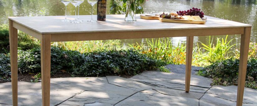 46350 – Antique Wash Eucalyptus & Travertine Composite Dining Table