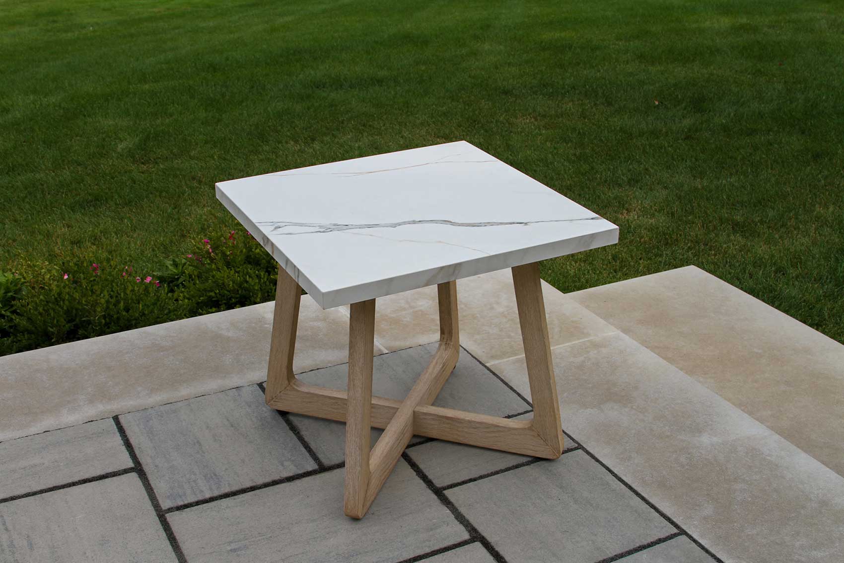 Antique Wash & Square White Marble Sintered Stone Accent Table