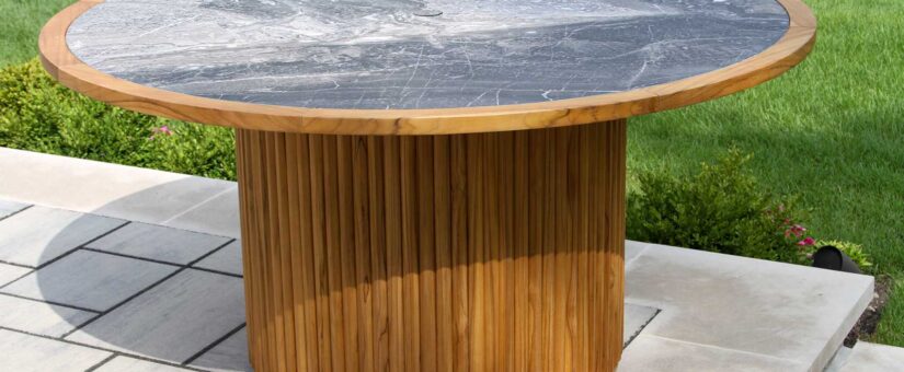 TNA7960 – Portifino Round Fluted Teak & Orobico Sintered Stone Dining Table, 60″ Dia.