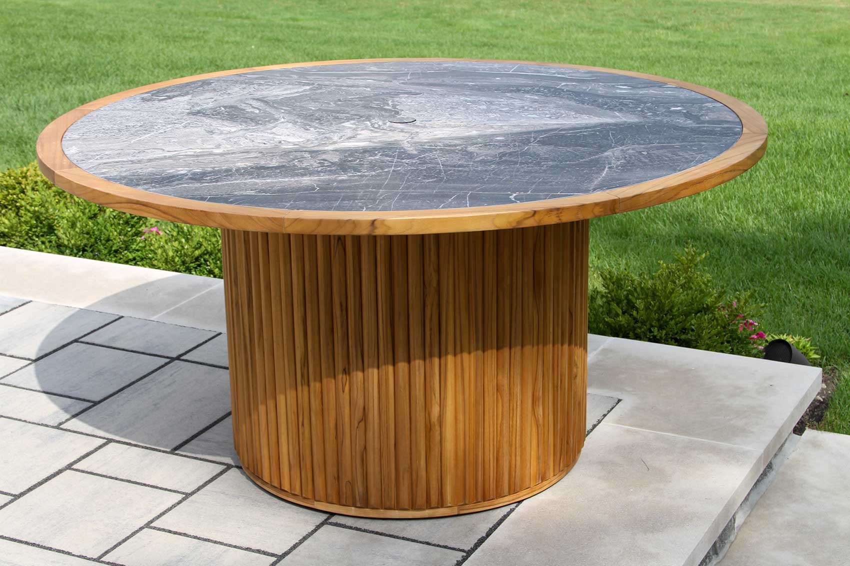 Portifino Round Fluted Teak & Orobico Sintered Stone Dining Table, 60" Dia.