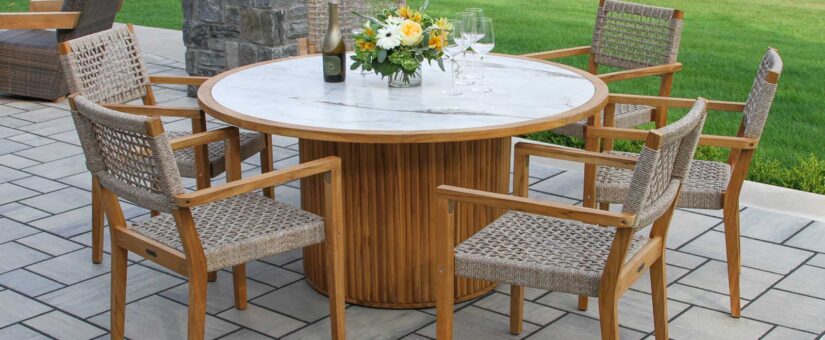 TNA7965 – Portifino Round Fluted Teak & Monte Bianco Sintered Stone Dining Table, 60″ Dia.