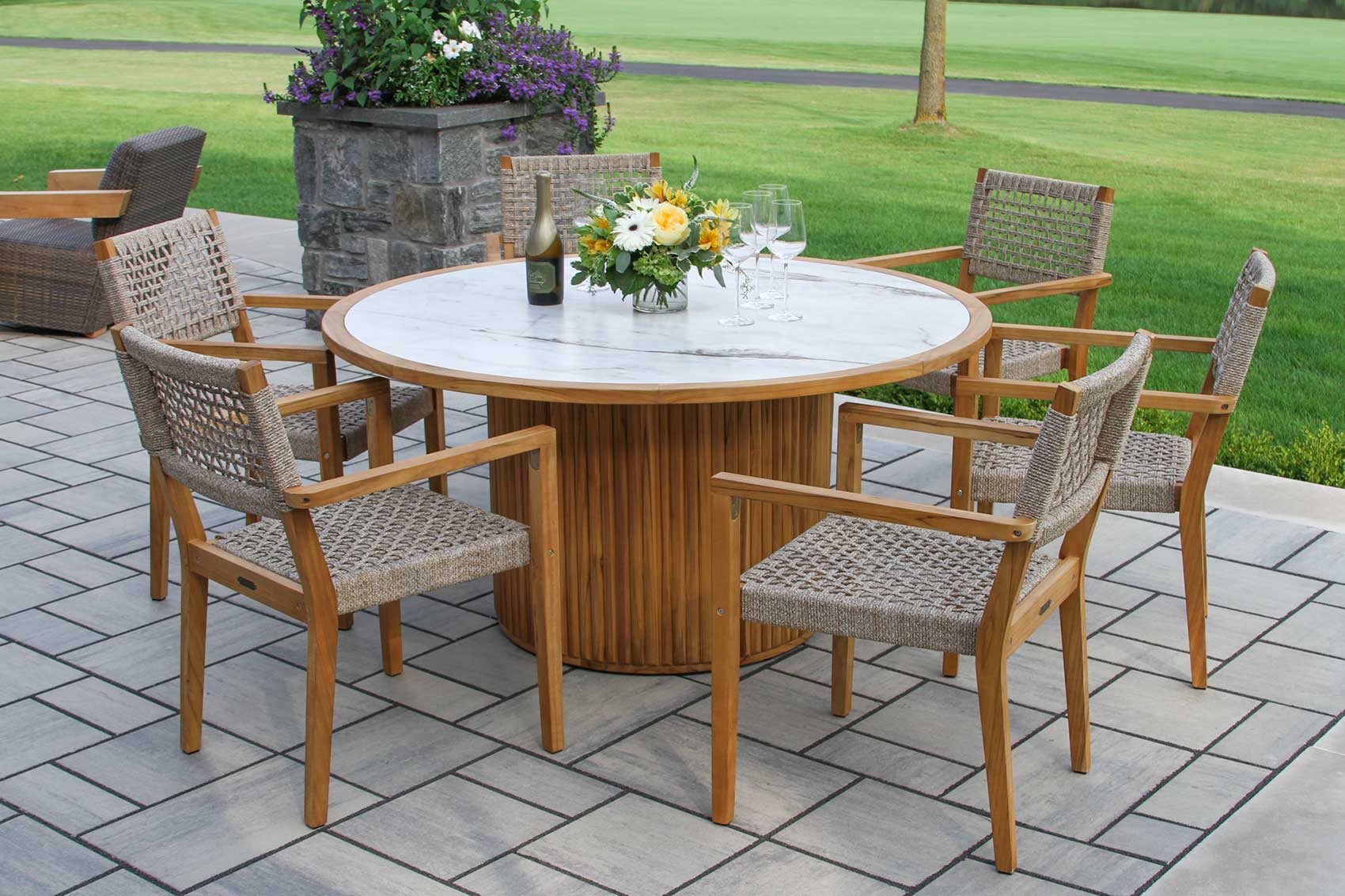 Portifino Round Fluted Teak & Monte Bianco Sintered Stone Dining Table, 60" Dia.