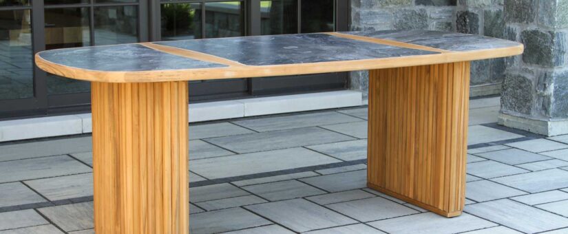 TNA7985 – Portifino Oval Fluted Teak & Orobico Sintered Stone Dining Table, 60″ Dia.