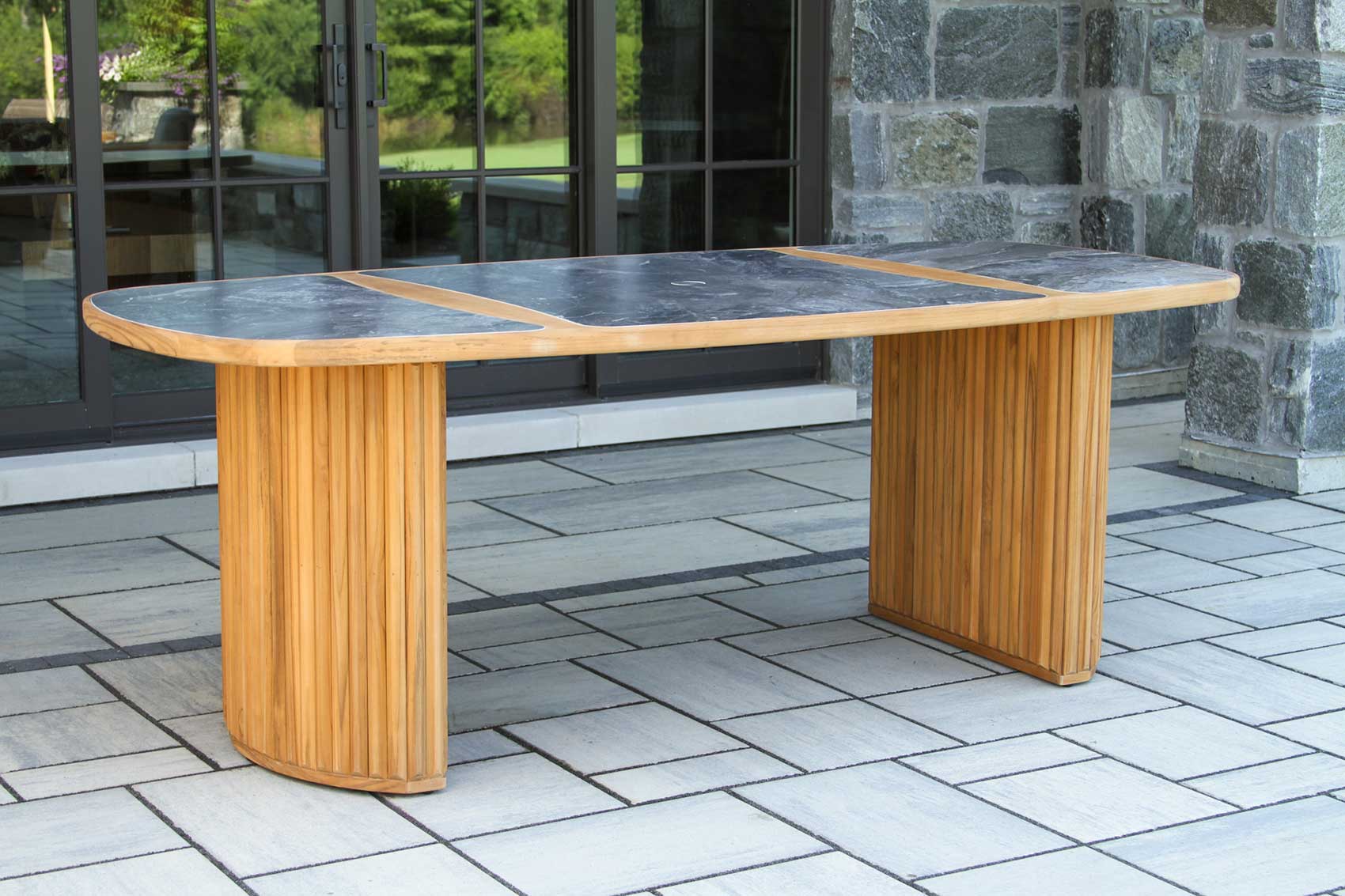Portifino Oval Fluted Teak & Orobico Sintered Stone Dining Table, 60" Dia.
