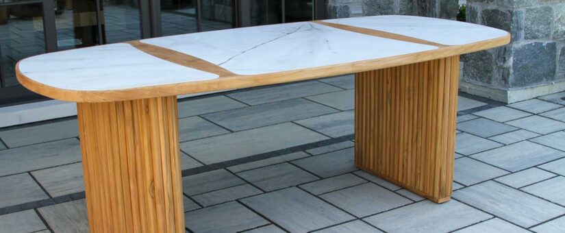 TNA7989 – Portofino Oval Fluted Teak & Monte Bianco Sintered Stone Dining Table, 60″ Dia.