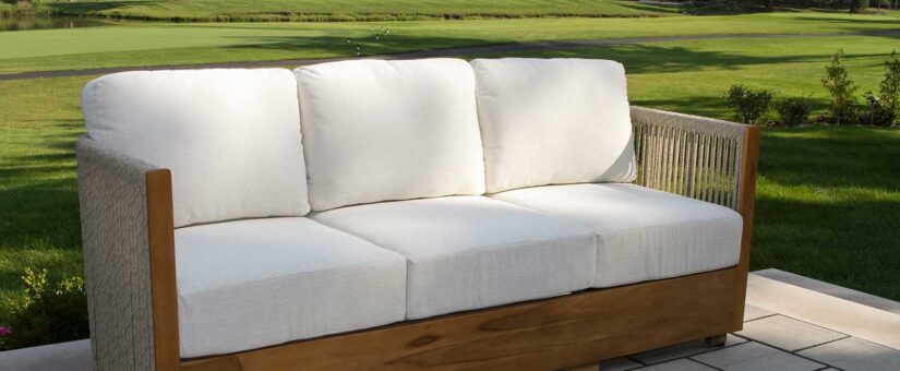 TNA8653 – Teak & Speckled Cable Wicker Sofa w Acrylic Fabric