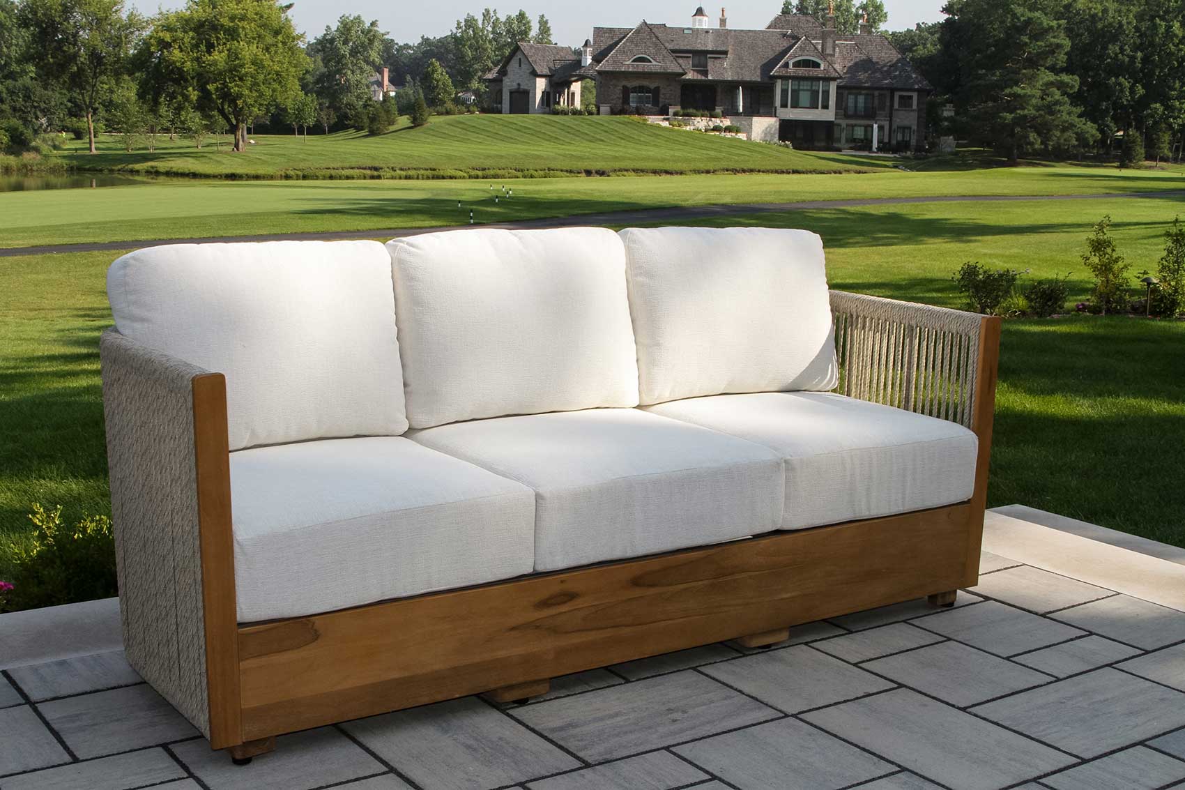Teak & Speckled Cable Wicker Sofa w Acrylic Fabric