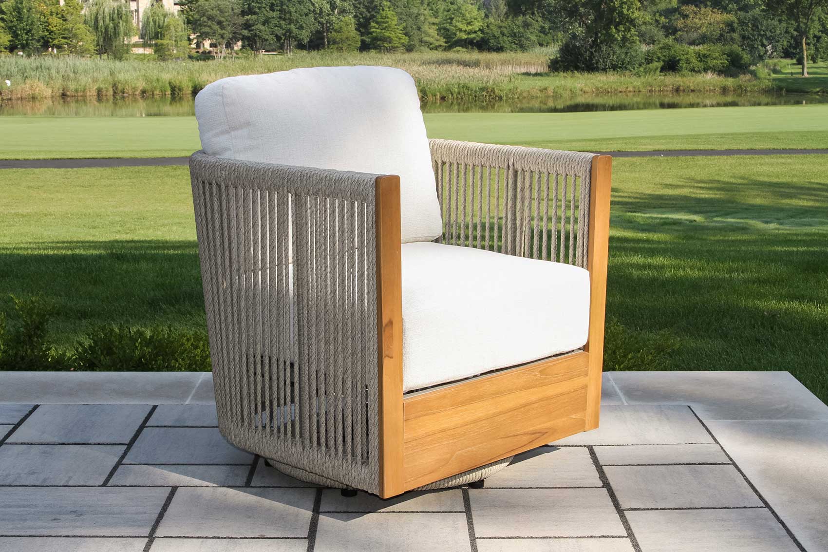 Teak & Speckled Cable Wicker Swivel Chair w Acrylic Fabric