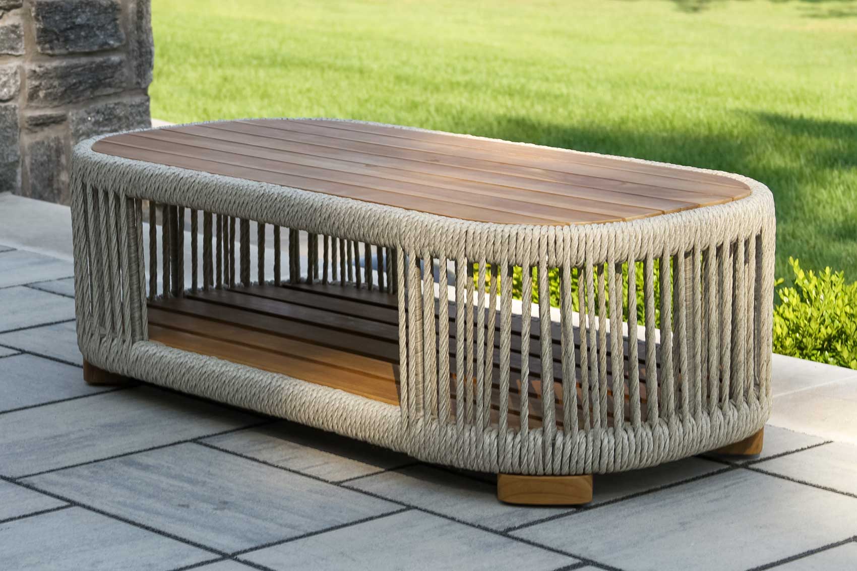 Teak & Speckled Cable Wicker Coffee Table, 47" x 23.5"