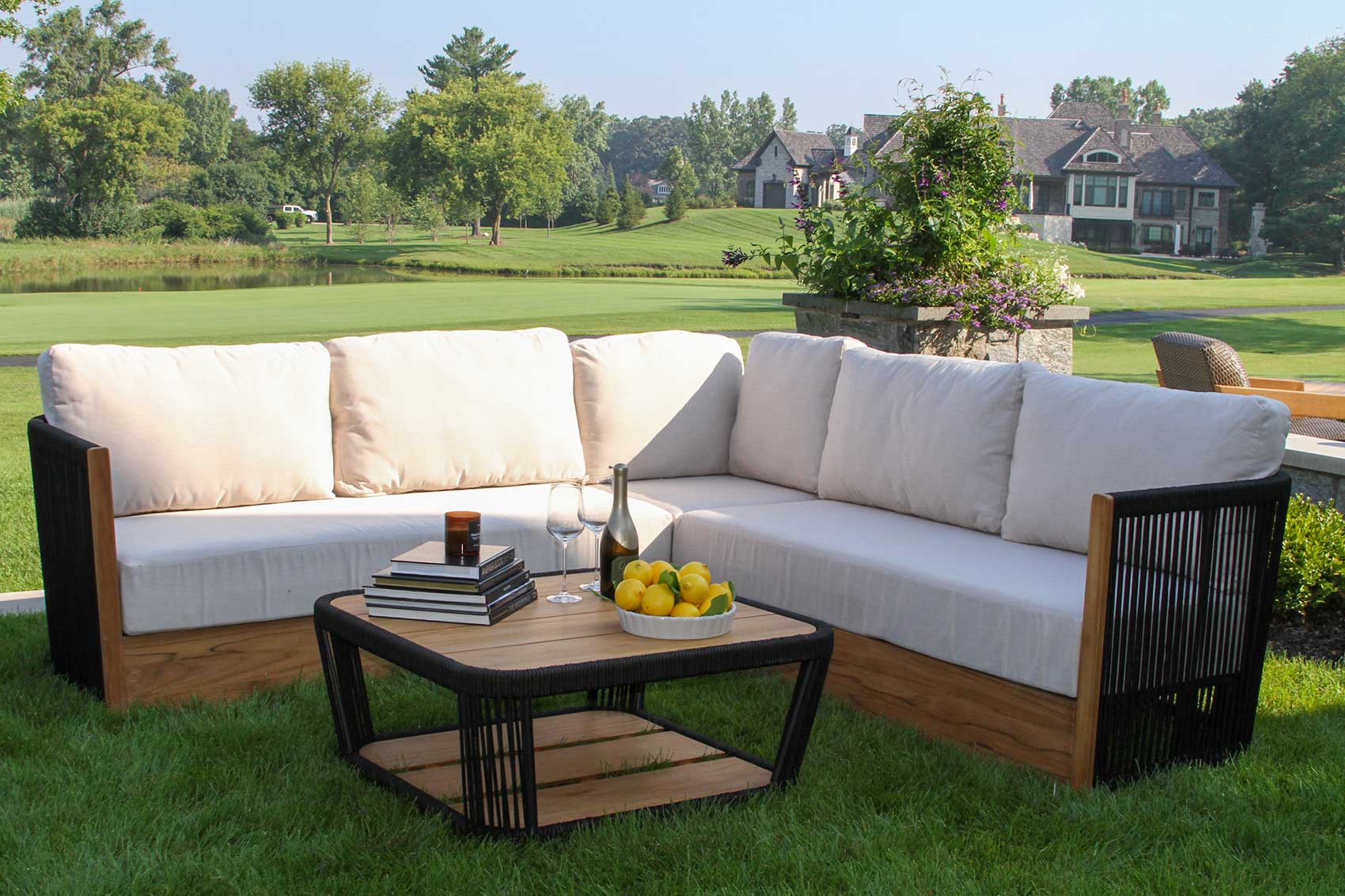 Teak & Black Rope Sectional w Sunbrella